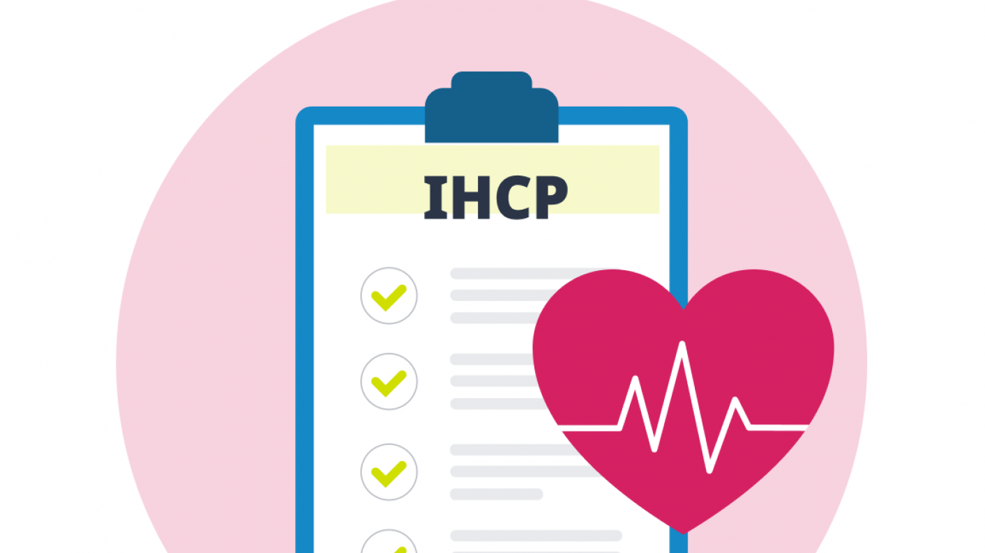 Illustration of a clipboard with tick boxes and IHCP in lettering at the top of the clipboard. Overlapping the clipboard is a heart illustration with a heartrate line running through it.