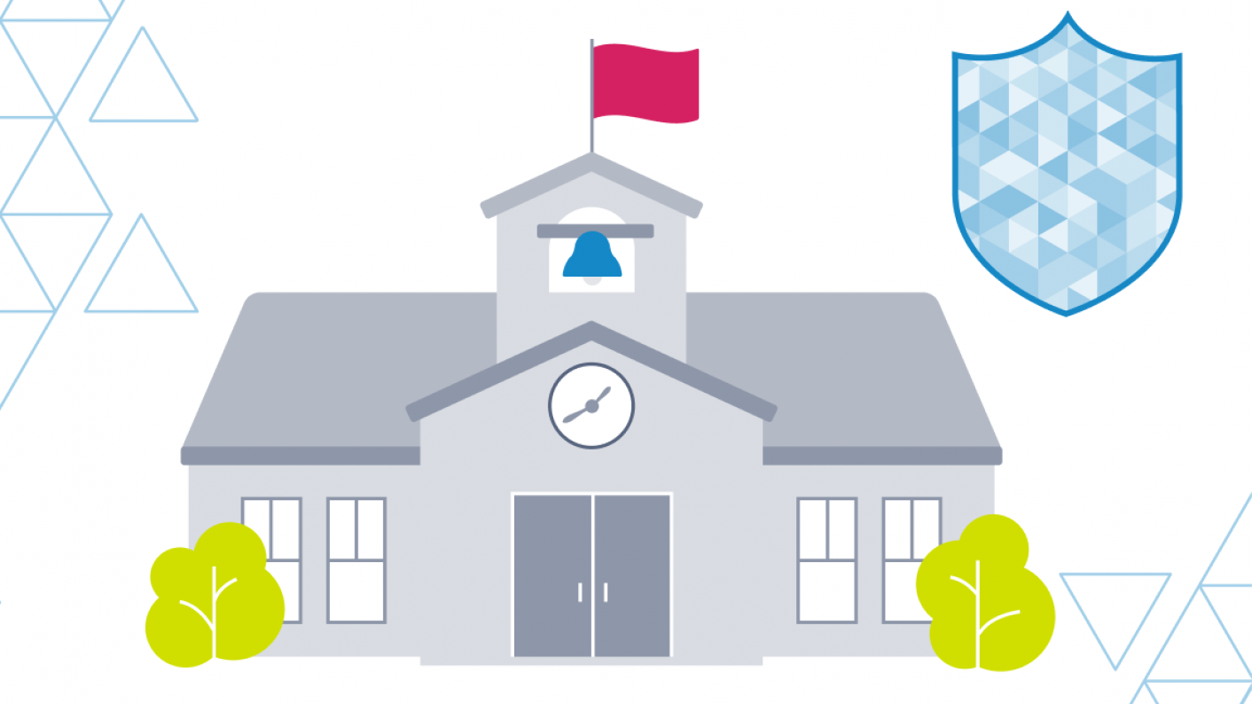 illustration of a small school with flag flying and front view. Next to this is an illustrated shield icon representing safeguarding awareness week